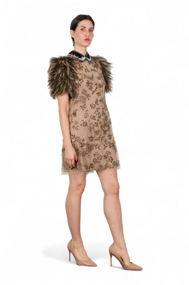 Valentino Feather Shoulder Embellished Mini Dress