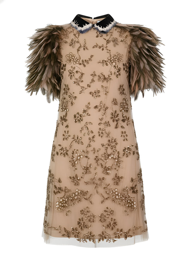Valentino Feather Shoulder Embellished Mini Dress