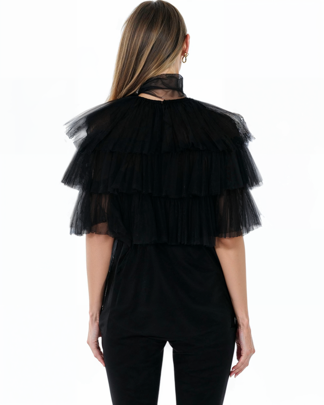 Valentino Black Tiered Tulle Blouse with Bow Detail