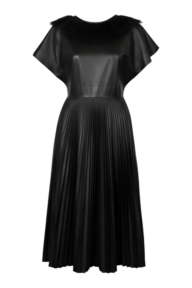 Valentino Pleated Leather Dress with Feather Collar — Black