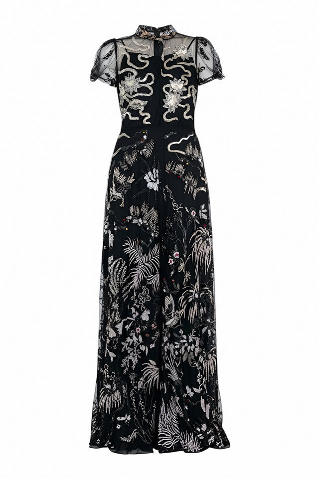 Valentino Black Embroidered Tulle Gown with Sheer Cap Sleeves