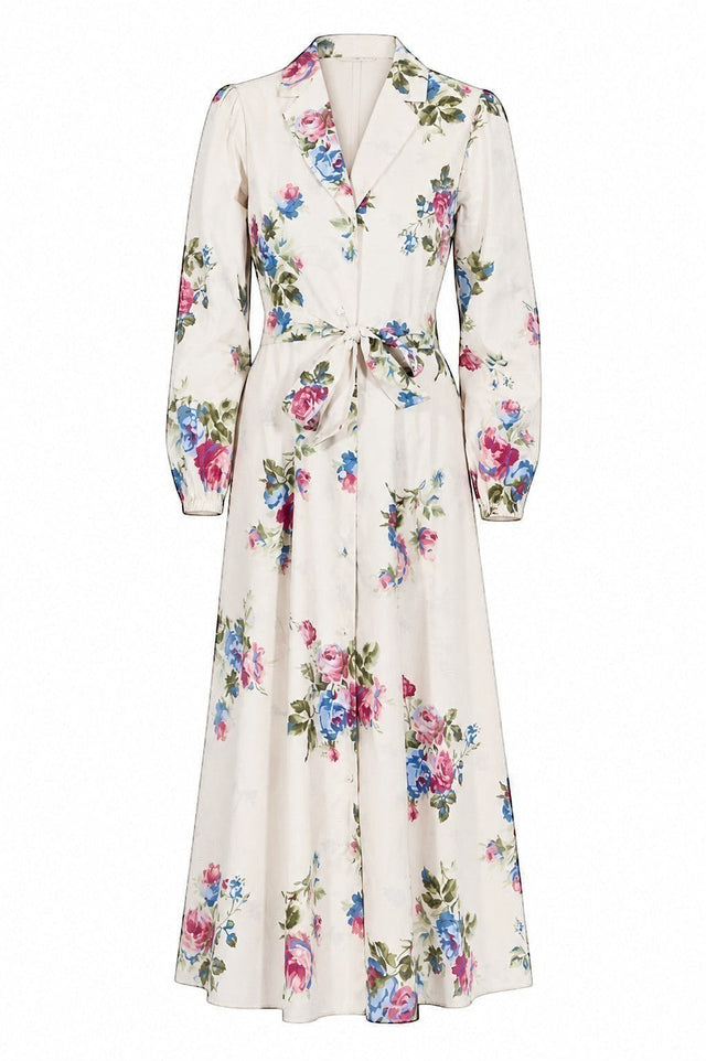 Mikael Aghal Floral Shirt Dress with Waist Tie – Cream Multi Midi Dress