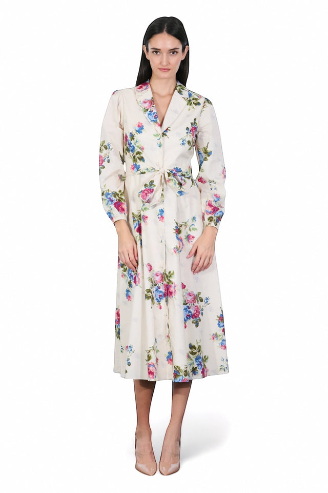 MSA Haute Couture cream midi dress with a multicolor floral print, shirt collar, long sleeves, and a waist tie.