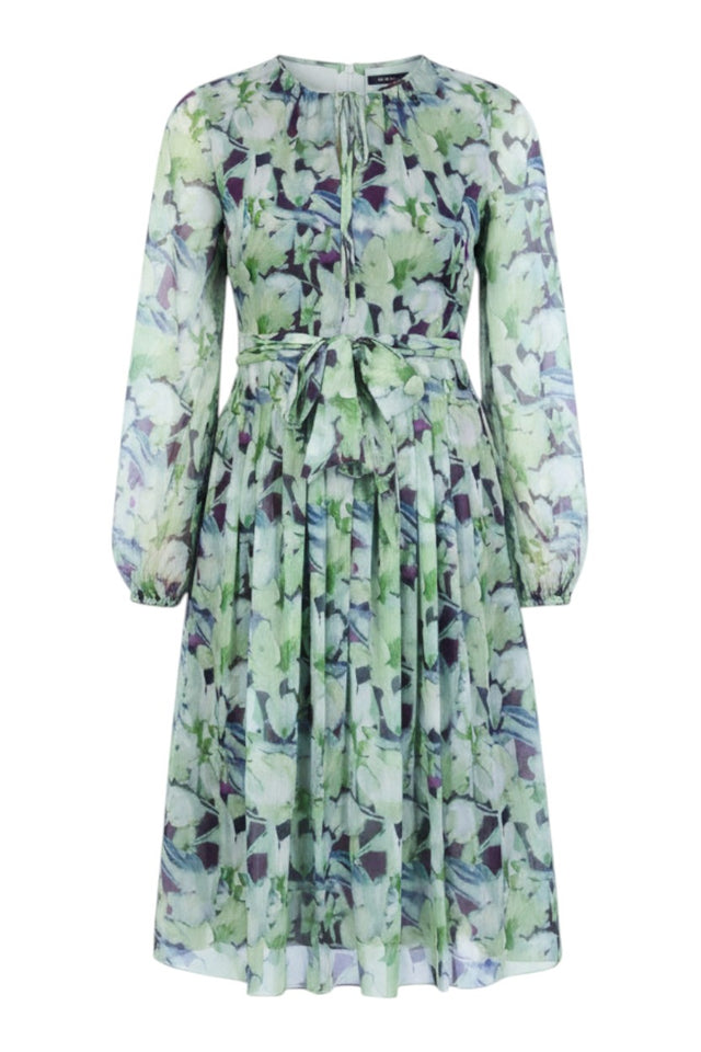 MSA Haute Couture green floral print midi dress with long sleeves, tie waist, and keyhole neckline.
