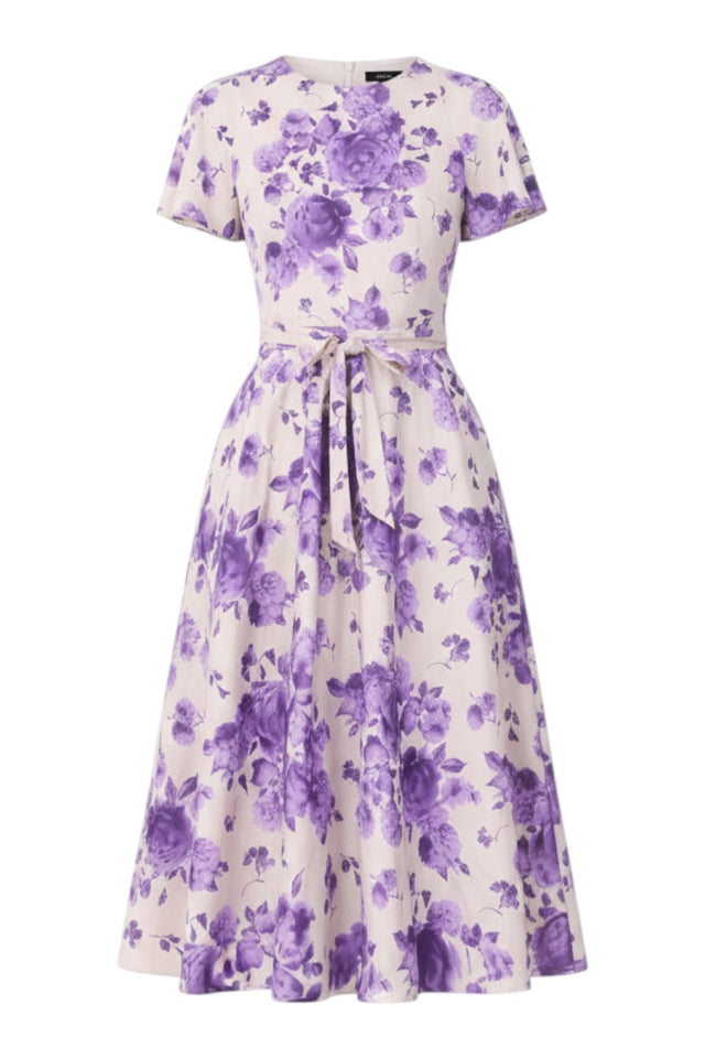 MSA Haute Couture ivory midi dress with lavender floral print, short flutter sleeves, and tie waist.