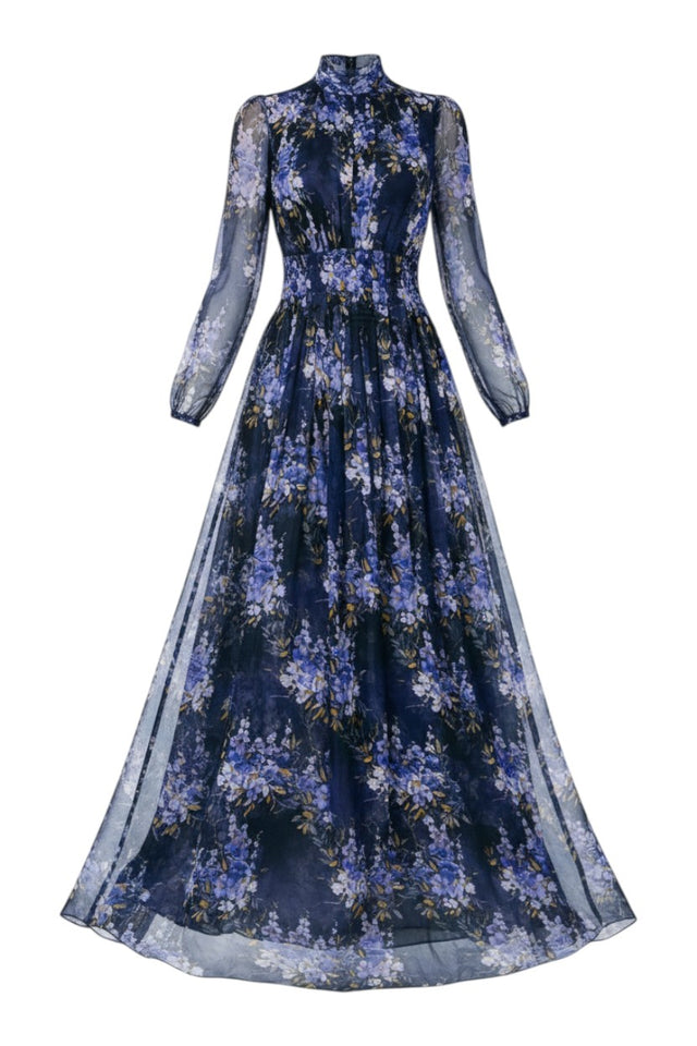MSA Haute Couture navy blue floral chiffon maxi dress with high neckline and long sheer sleeves.