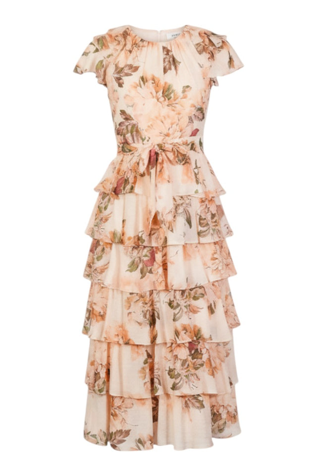 MSA Haute Couture peach floral print tiered ruffle gown with short sleeves and a tie waist.