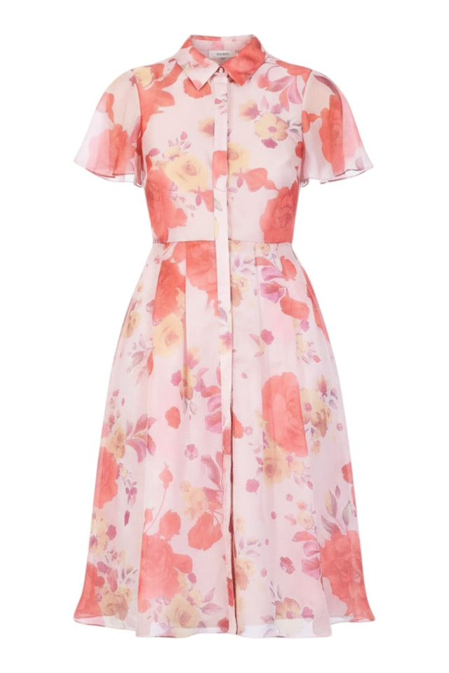 MSA Haute Couture pink floral print midi dress with short flutter sleeves and a collared neckline.