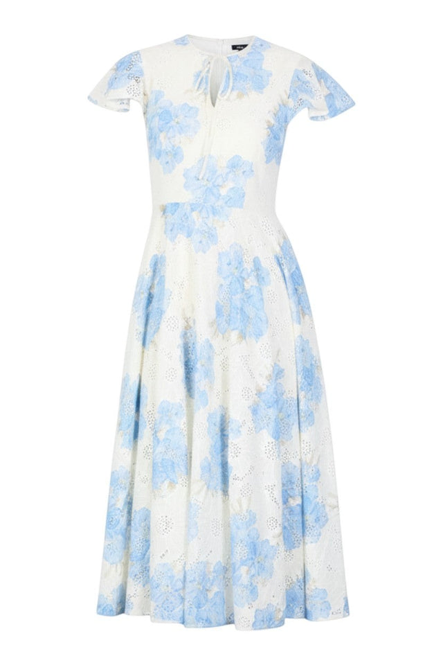MSA Haute Couture white midi dress with blue floral print and eyelet details, featuring flutter sleeves and a tie neckline.