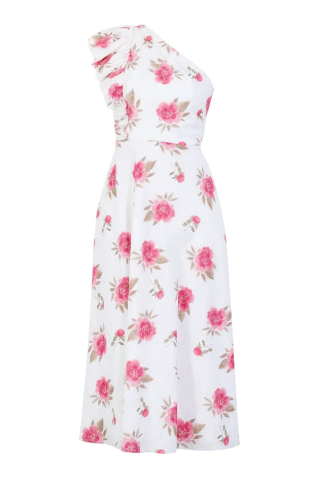 MSA Haute Couture white one-shoulder gown with pink floral print and ruffled detail.