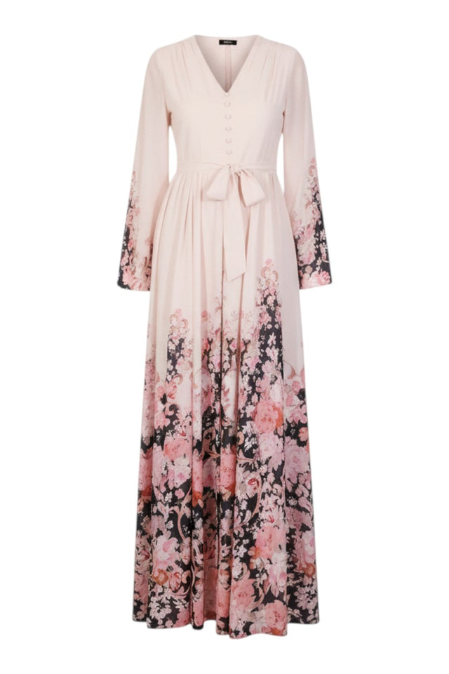 MSA Haute Couture blush floral print long sleeve maxi dress with V-neck, button detail, and tie waist.
