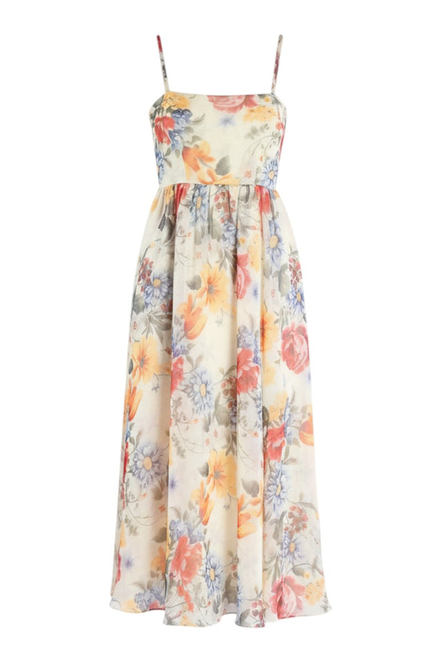 MSA Haute Couture floral print midi gown with spaghetti straps and a flowing skirt.