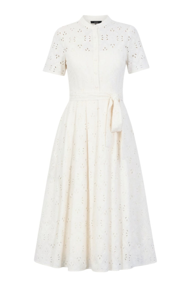 MSA Haute Couture ivory eyelet midi dress with short sleeves, tie waist, and button-front bodice. Perfect for summer events.