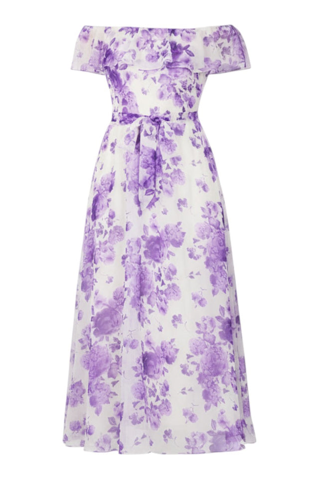 MSA Haute Couture ivory midi dress with lavender floral print, off-shoulder neckline, ruffle detail, and self-tie waist.