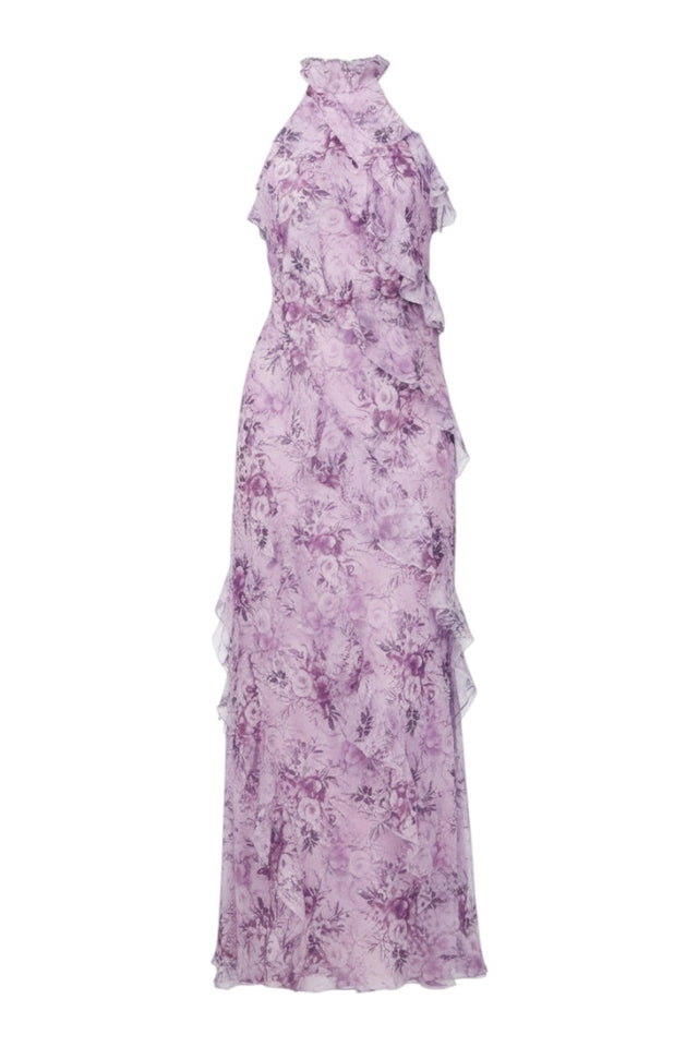MSA Haute Couture lavender floral chiffon halter gown with ruffle detailing and floor-length hem.