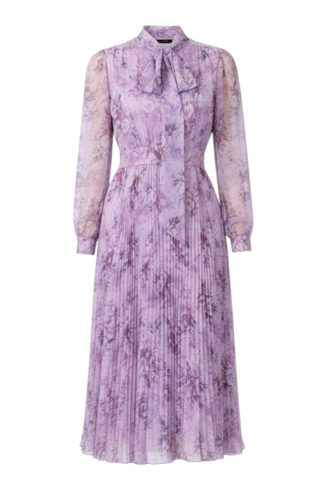 MSA Haute Couture lavender floral print midi dress with tie neck and long sheer sleeves, pleated skirt.