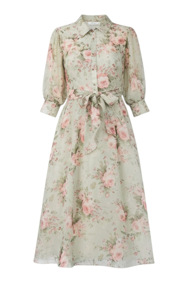 MSA Haute Couture sage green midi dress with pink floral print, tie waist, and three-quarter sleeves.