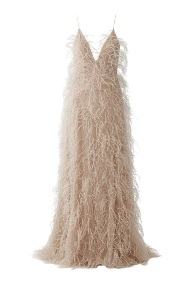 MSA Haute Couture Valentino champagne feather-embellished gown with spaghetti straps and plunging neckline.