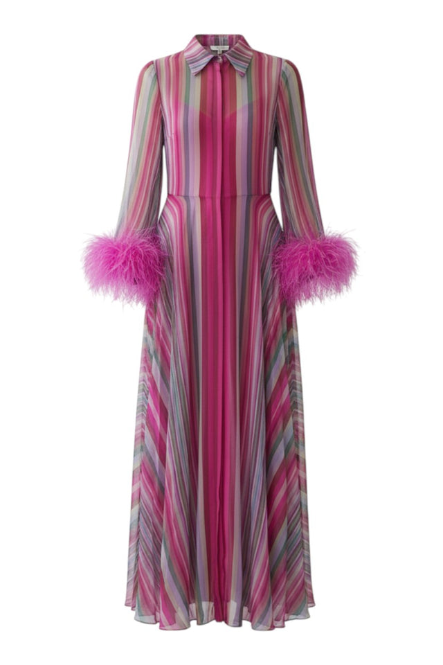 MSA Haute Couture Valentino multicolor striped silk maxi dress with feather cuffs and shirt collar.