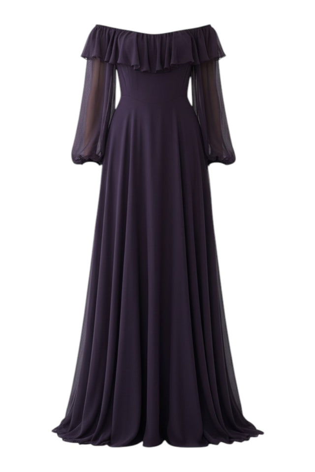 MSA Haute Couture Valentino plum chiffon off-shoulder evening gown with ruffled neckline and sheer long sleeves.