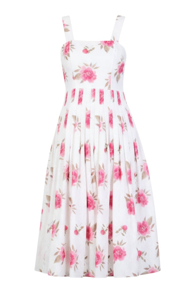 MSA Haute Couture white midi dress with pink floral print, square neckline, and pleated skirt.
