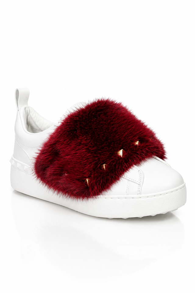 Valentino Garavani Rockstud Fur Panel Leather Sneakers – White/Red