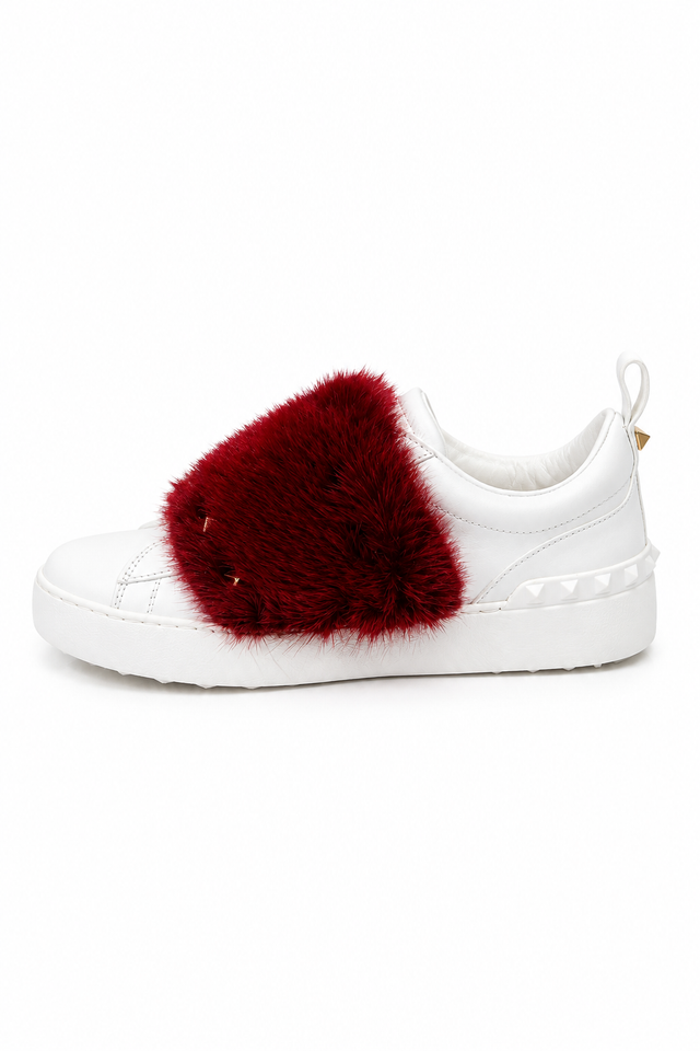 Valentino Garavani Rockstud Fur Panel Leather Sneakers – White/Red