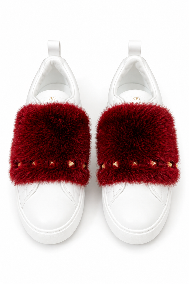 Valentino Garavani Rockstud Fur Panel Leather Sneakers – White/Red