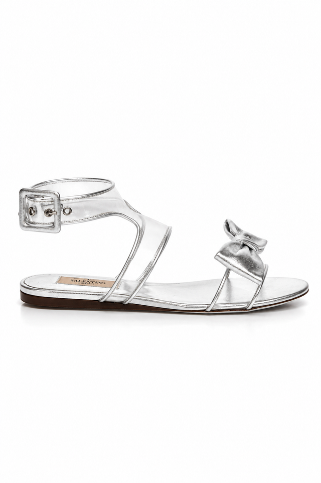 Valentino Garavani Metallic Silver Bow Detail Flat Sandals