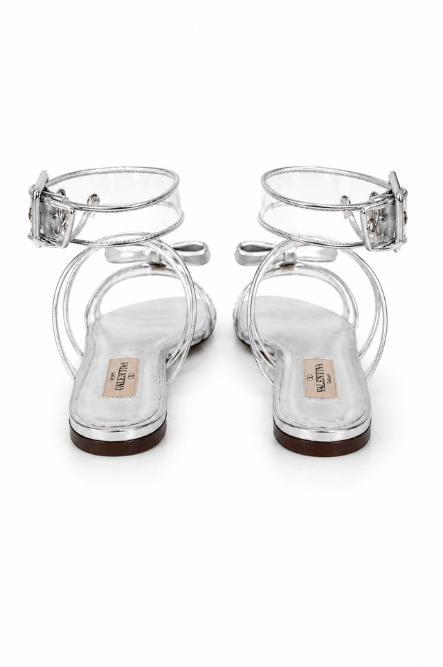 Valentino Garavani Metallic Silver Bow Detail Flat Sandals