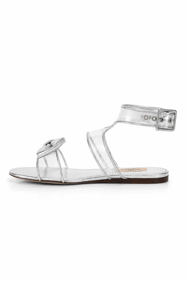 Valentino Garavani Metallic Silver Bow Detail Flat Sandals