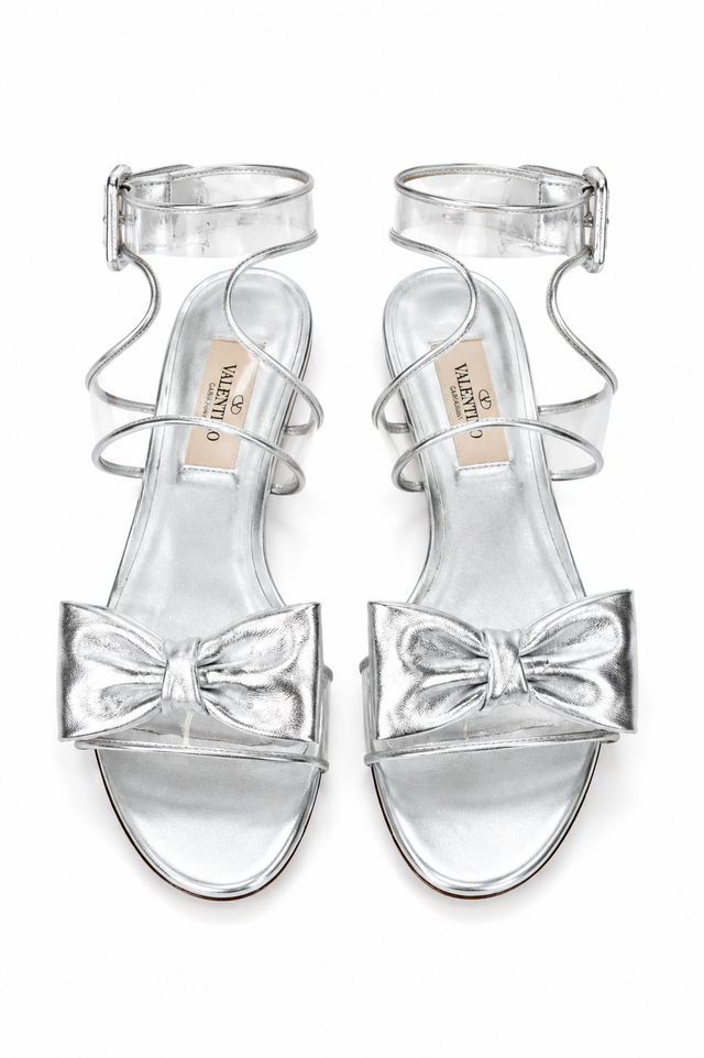 Valentino Garavani Metallic Silver Bow Detail Flat Sandals