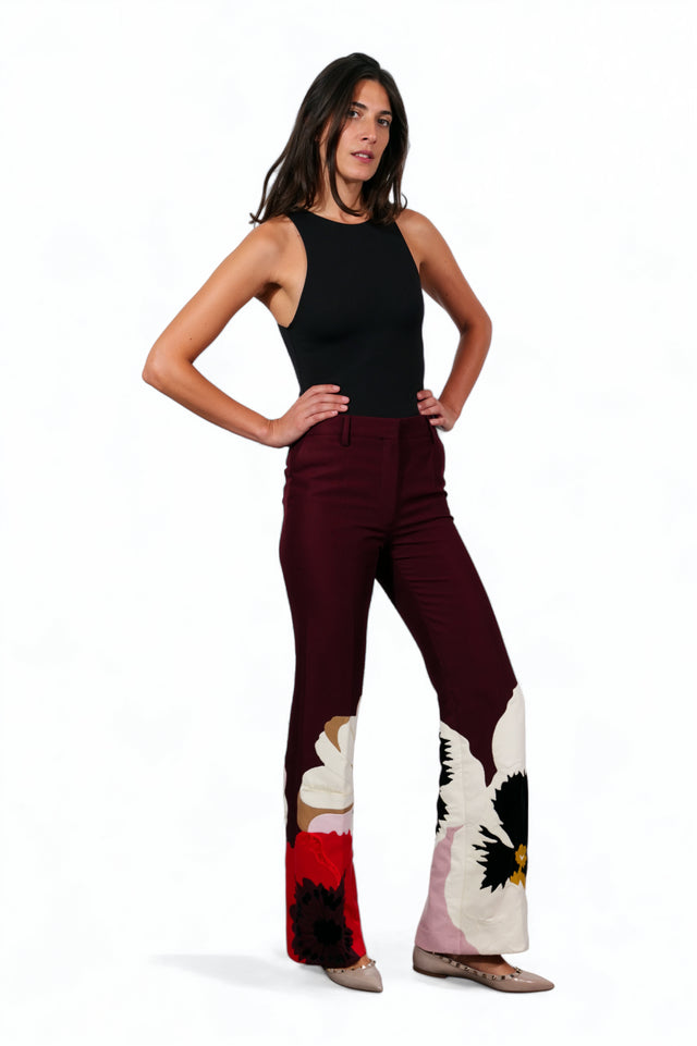 Valentino Maroon Floral Wide-Leg Pants
