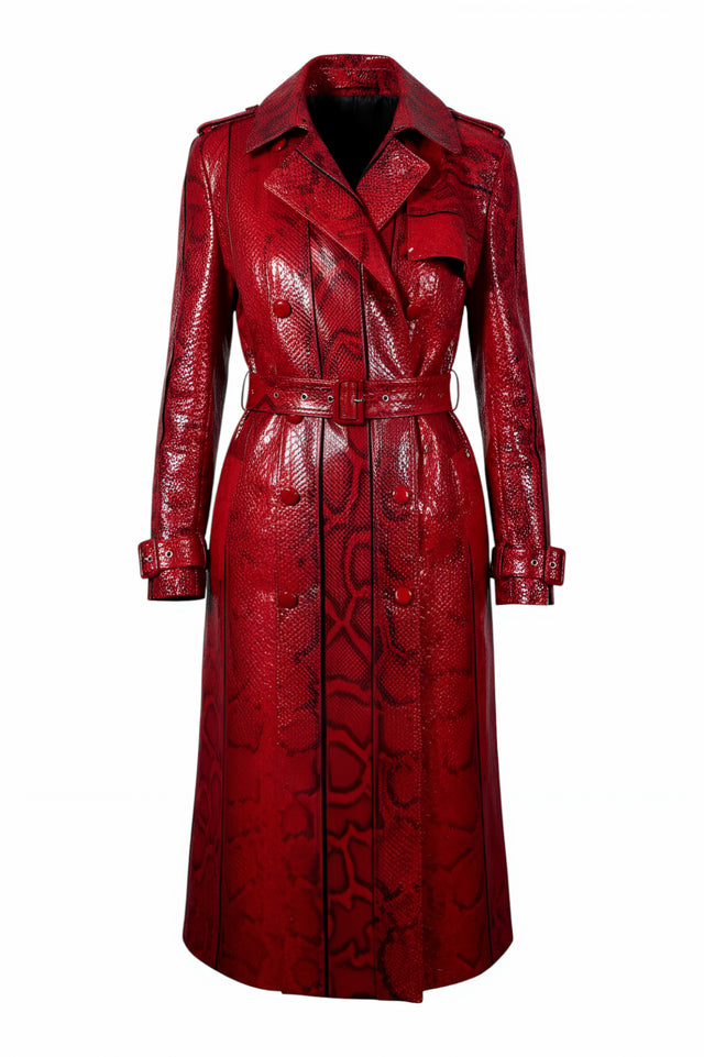 Valentino Red Python-Embossed Leather Trench Coat