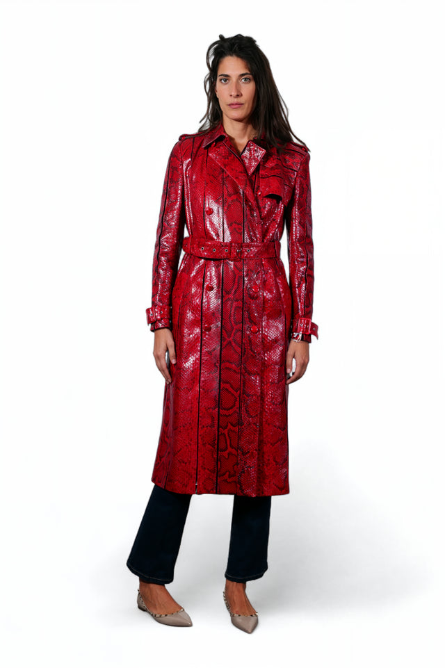 Valentino Red Python-Embossed Leather Trench Coat