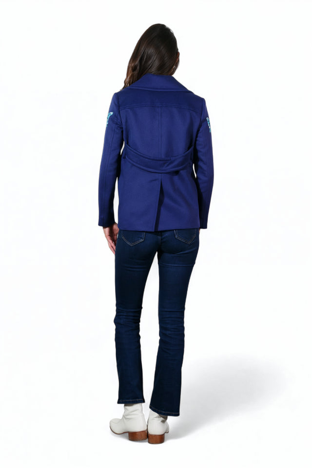 Valentino Butterfly Embroidered Wool Peacoat in Royal Blue