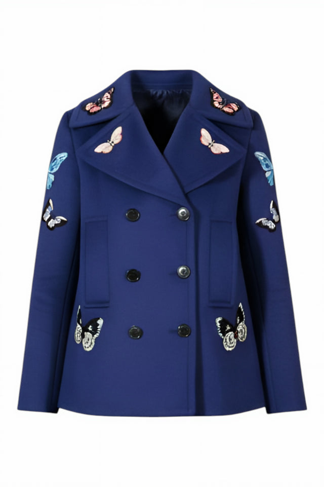 Valentino Butterfly Embroidered Wool Peacoat in Royal Blue