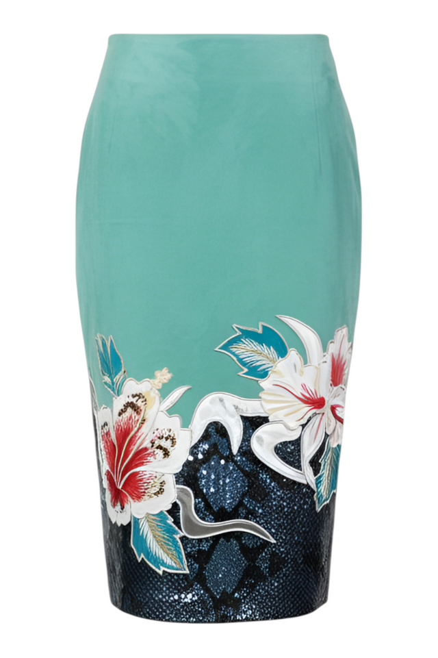 Valentino Floral Embroidered Pencil Skirt — Aqua & Midnight Blue