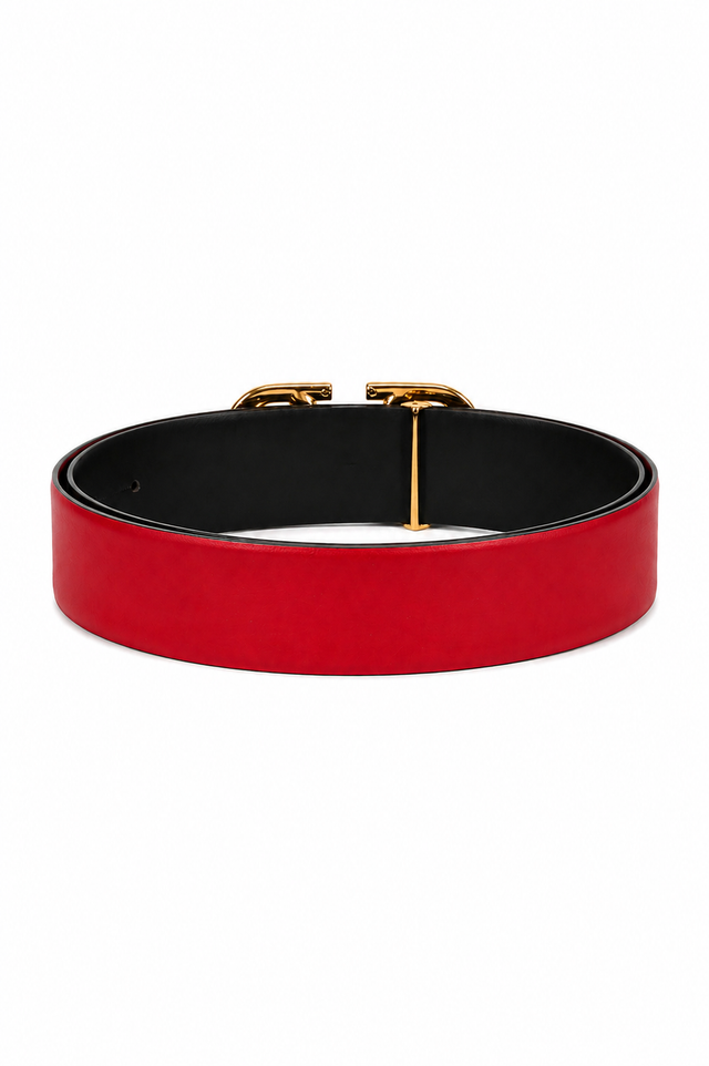 Valentino Garavani VLogo Signature Reversible Leather Belt 40mm Tan/Black & Red/Black Gold Buckle