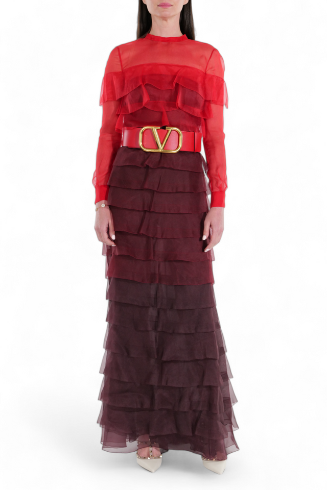 Valentino Red and Burgundy Tiered Ruffle Gown