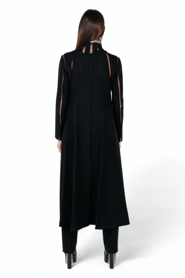 Valentino Black Longline Wool Coat with Sheer Details