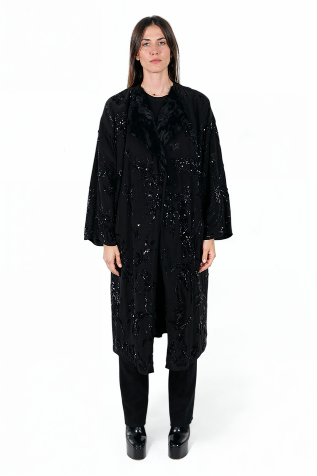 Valentino Black Embellished Coat with Fur Lining