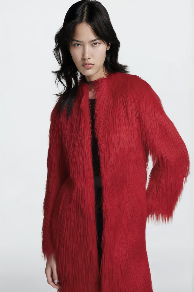 Valentino Red Faux Fur Long Coat
