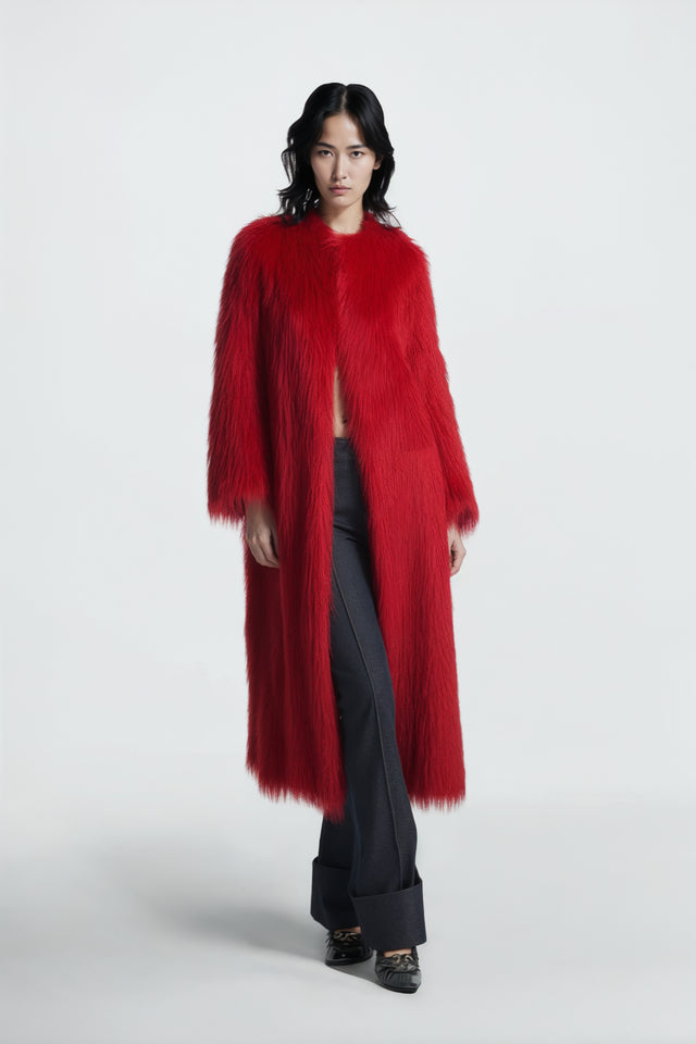 Valentino Red Faux Fur Long Coat