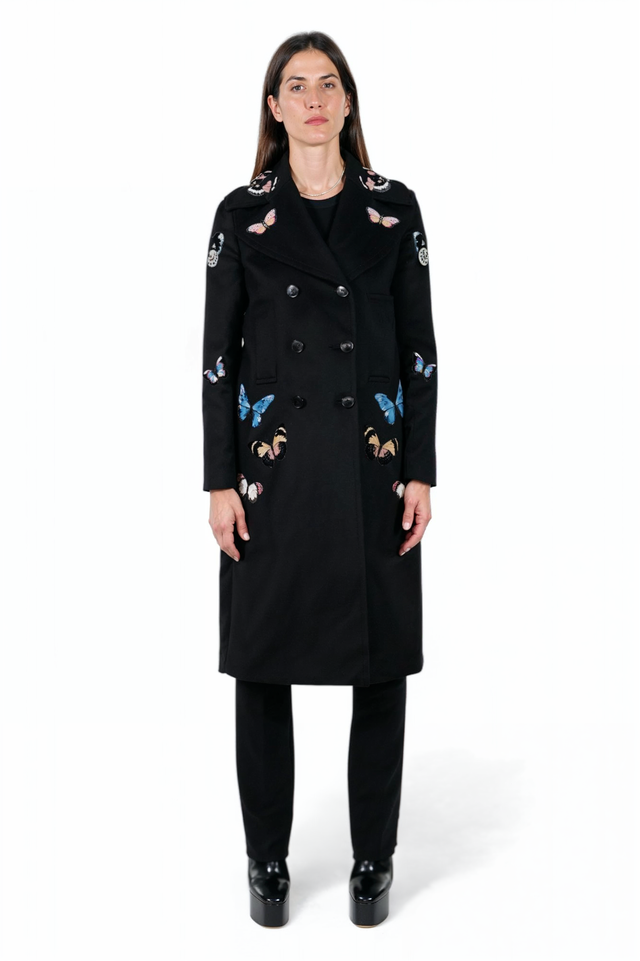 Valentino Black Wool Coat with Embroidered Butterflies