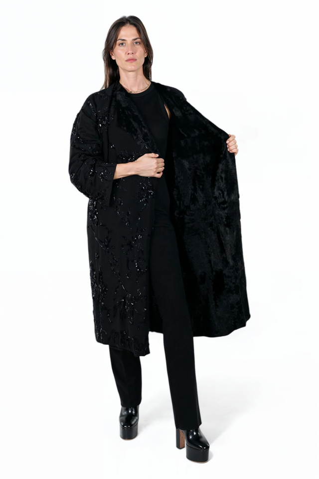 Valentino Black Embellished Coat with Fur Lining