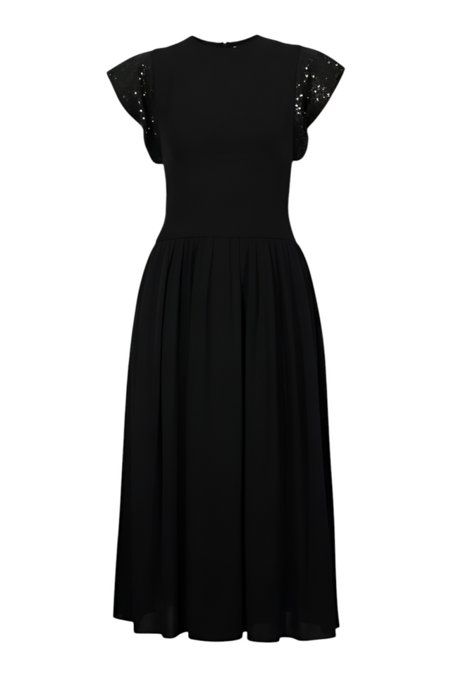 Valentino Sequin-Trim Flutter Sleeve Midi Dress — Black