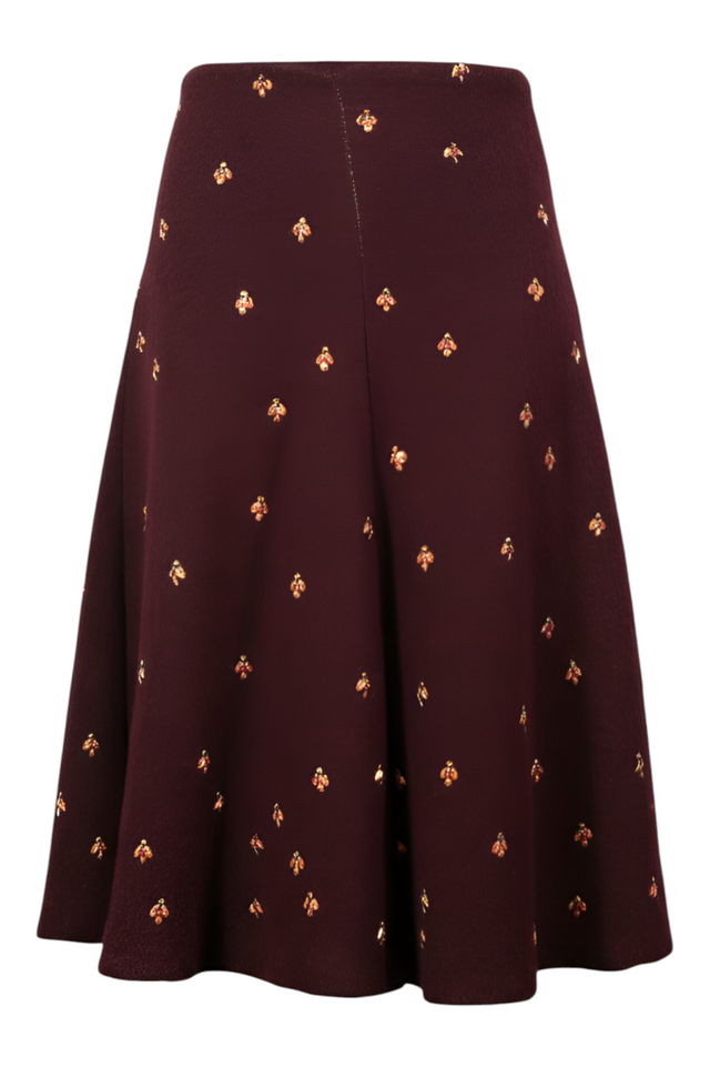 Valentino Embellished A-Line Skirt — Burgundy with Gold Detail