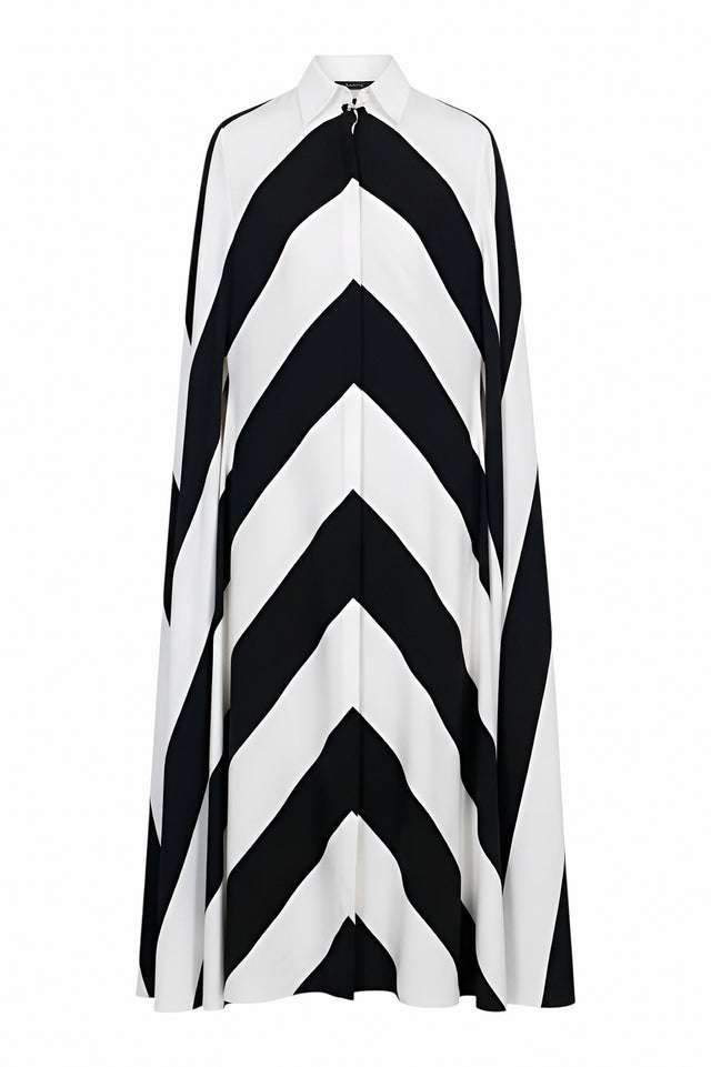 Valentino black-and-white chevron cape dress, front product view — collared tie-neck, maxi length.