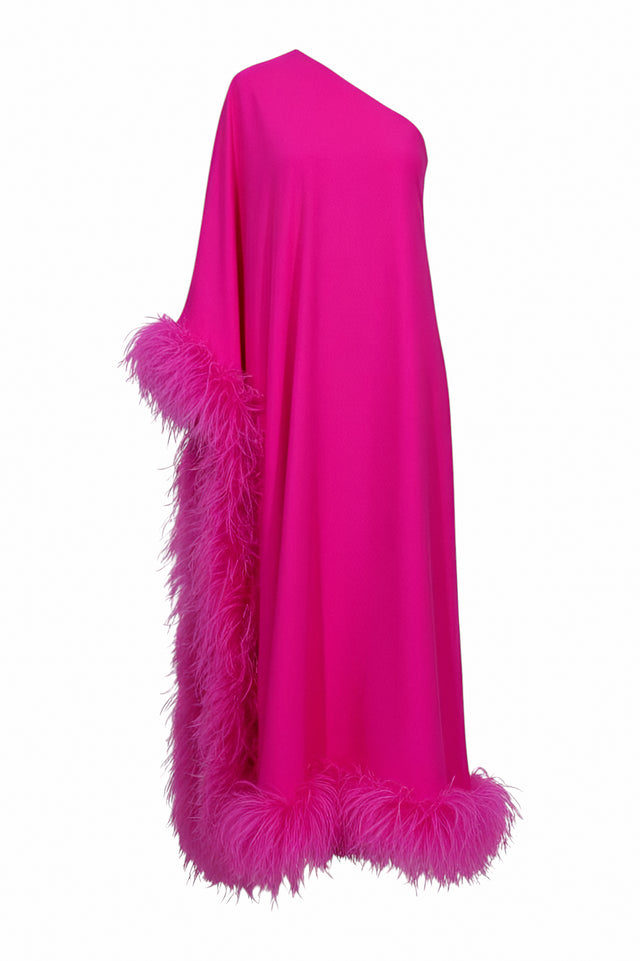 Valentino fuchsia one-shoulder gown with feather trim, front product view — luxury evening dress made in Italy.